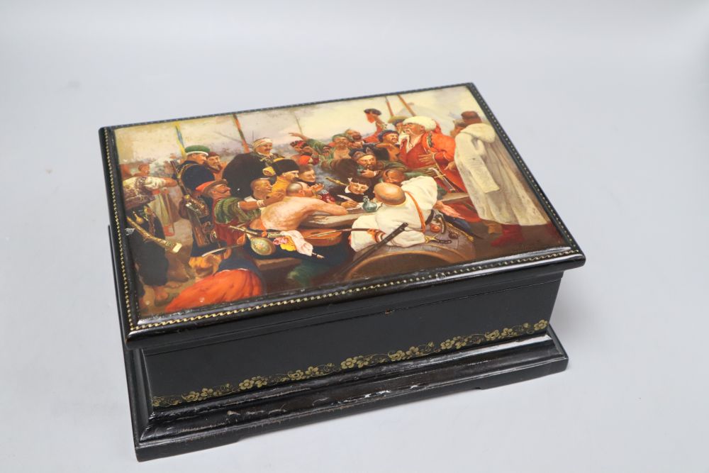 A Russian papier mache box, signed and dated 1958, 24 x 17cm